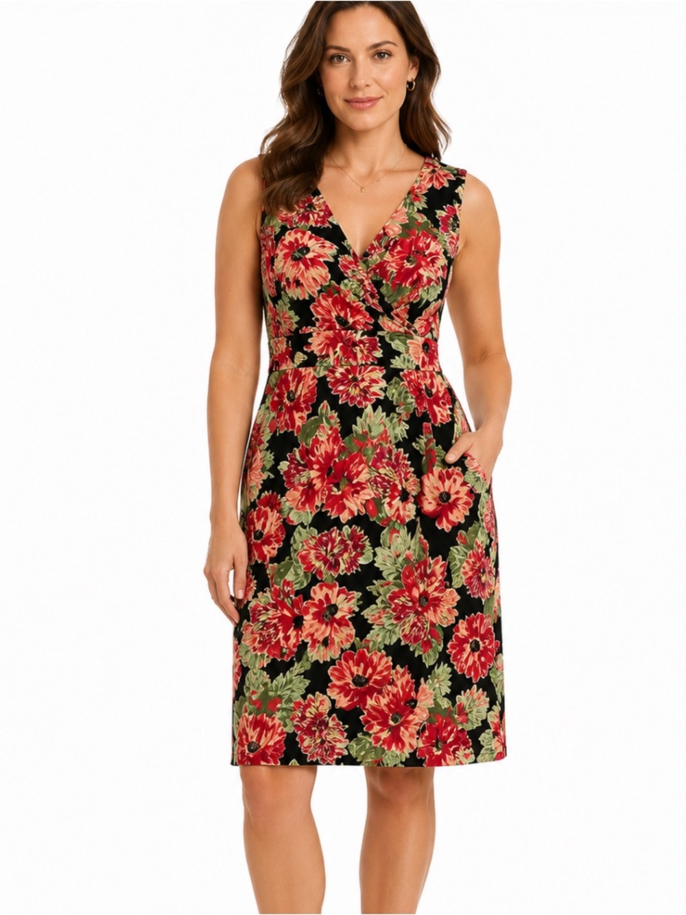TALBOTS Black Floral Sleeveless V-Neck Wrap Top Midi Dress NWT